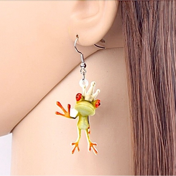 Prince Crown Frog Earrings Drop Dangle Big Long Cute Animal Jewelry For Women - Picture 3 of 5